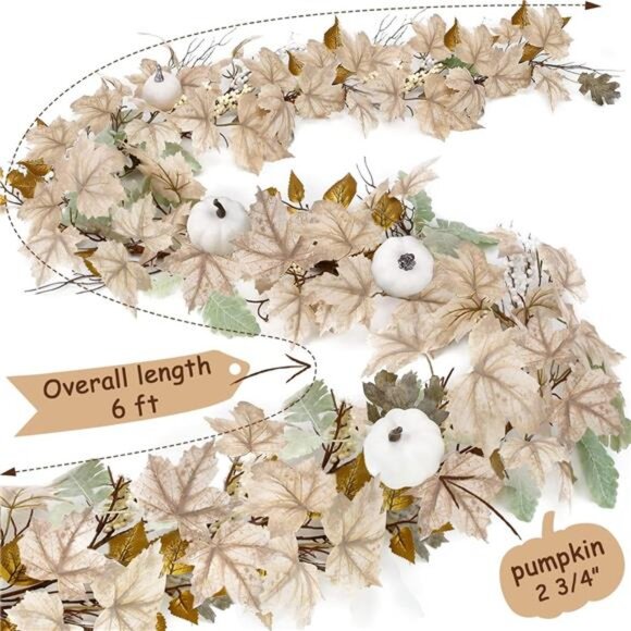 Fall Decor Garland - 6Ft Autumn Maples Leaf Pumpkin Berry Garland White Decor - Picture 5 of 6